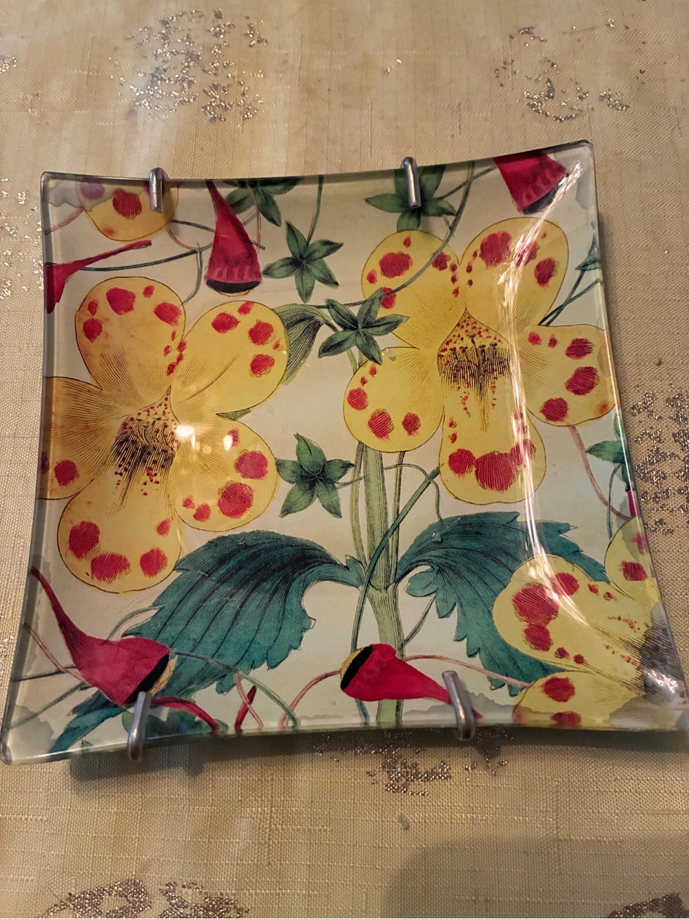Carol Kaas signed hand paintedDecorative Yellow Floral Glass Tray -